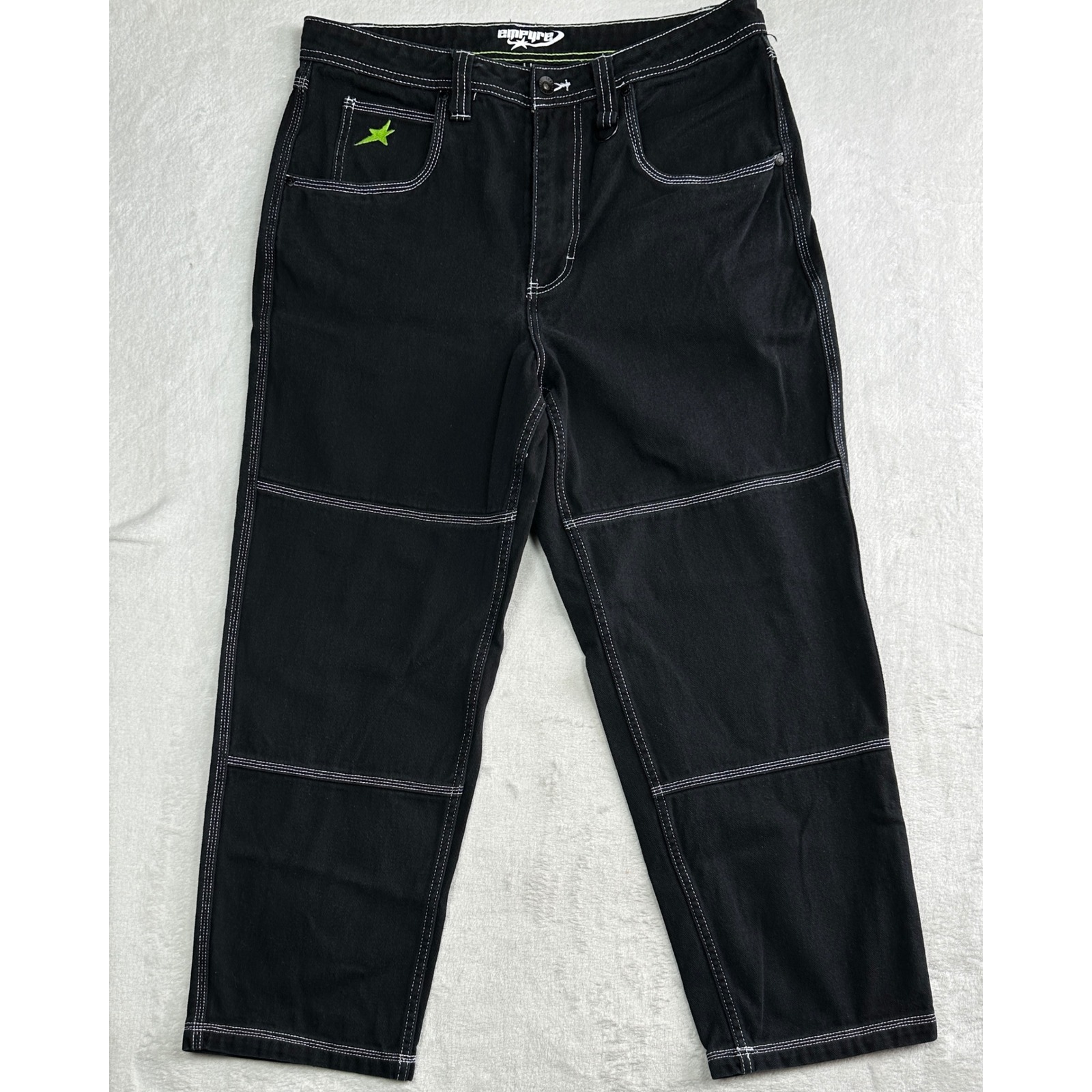 Empyre Loose Fit Skate Jeans Black Contrast Stitch Lime Green Star Mens 34 X 28